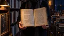 An archivist holds open a Yiddish book beside crowded shelves of translated editions in a dim archive.