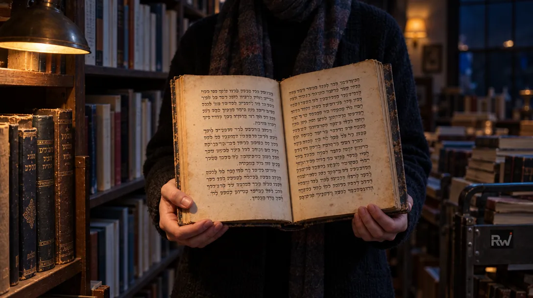 An archivist holds open a Yiddish book beside crowded shelves of translated editions in a dim archive.