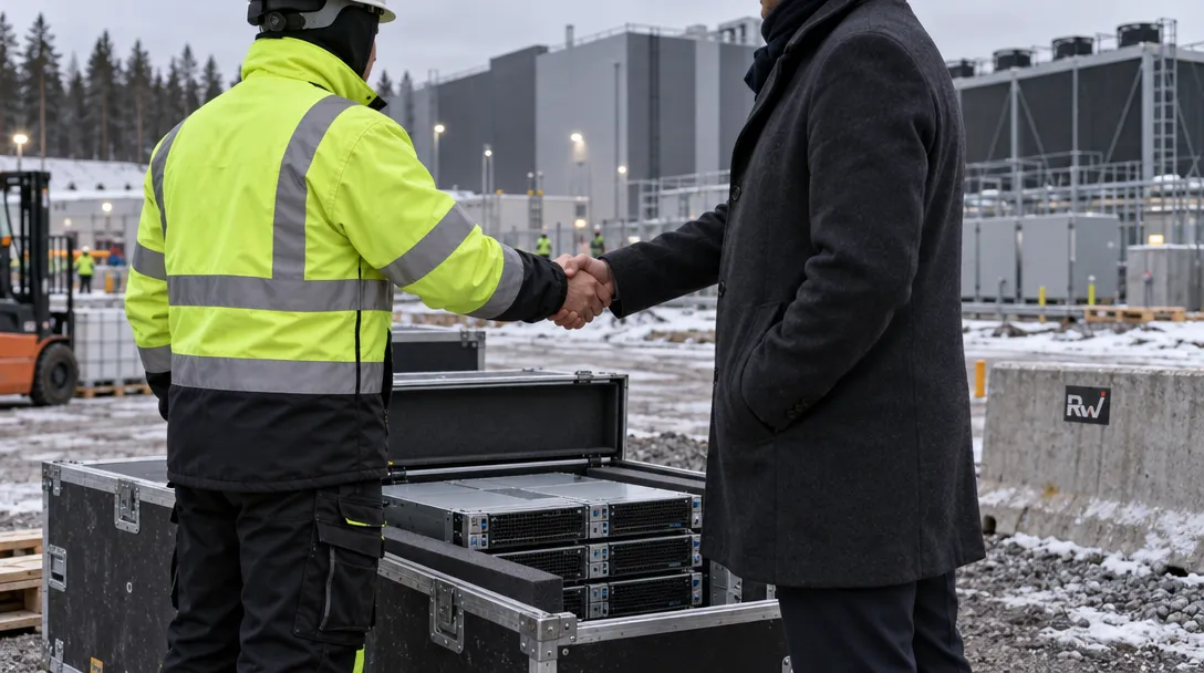 A hard-hat worker in a neon reflective jacket shakes hands with a person in a dark coat beside open cases of servers; an “RW” logo is on a concrete barrier.
