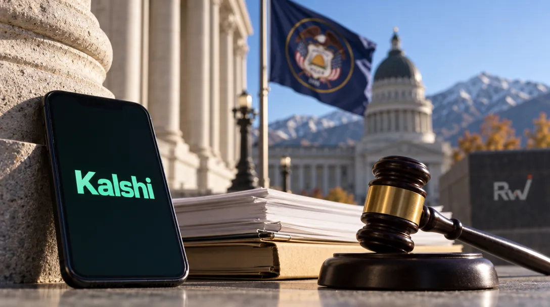 A phone displaying “Kalshi” rests beside stacked papers and a judge’s gavel, with a domed government building, flag, and mountains behind.