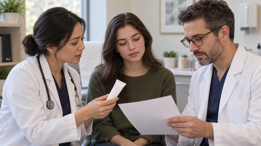 Two physicians review a topical acne treatment with a patient in a dermatology clinic.
