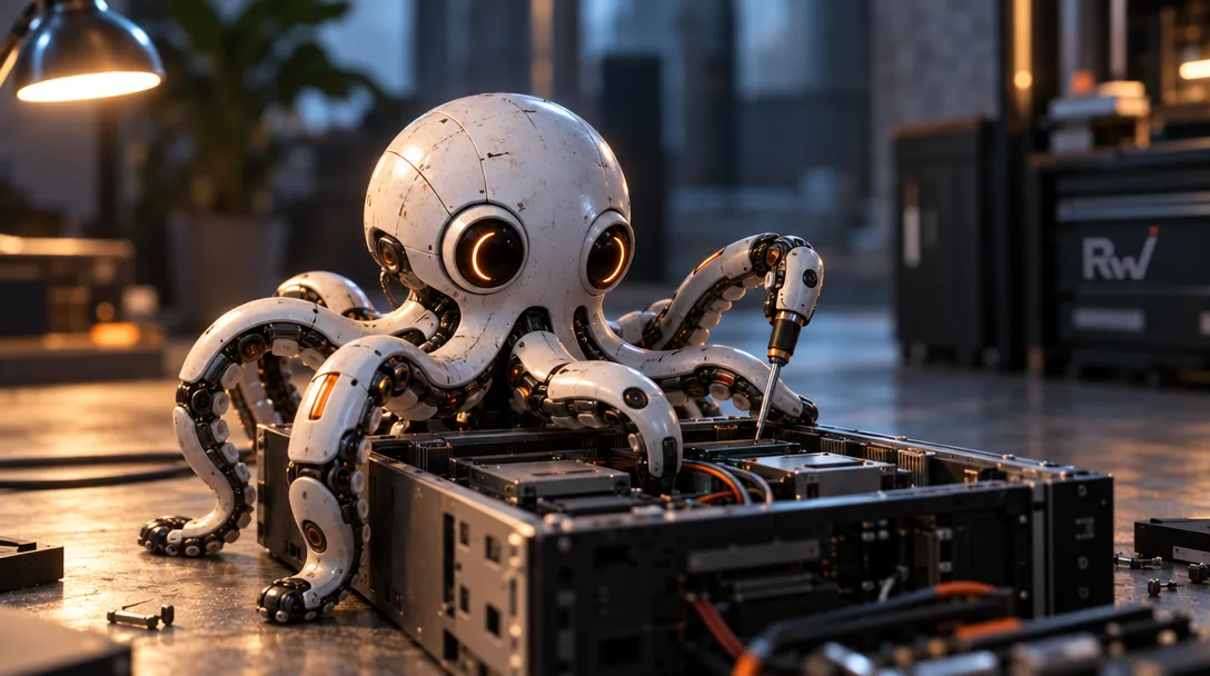 A white octopus-like robot with glowing eyes works over an open computer server chassis in a workshop.