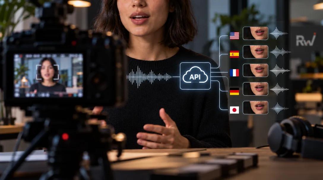 A woman speaks toward a camera beside an API cloud graphic linked to mouth clips, audio waveforms, and U.S., Spanish, French, German, and Japanese flags.