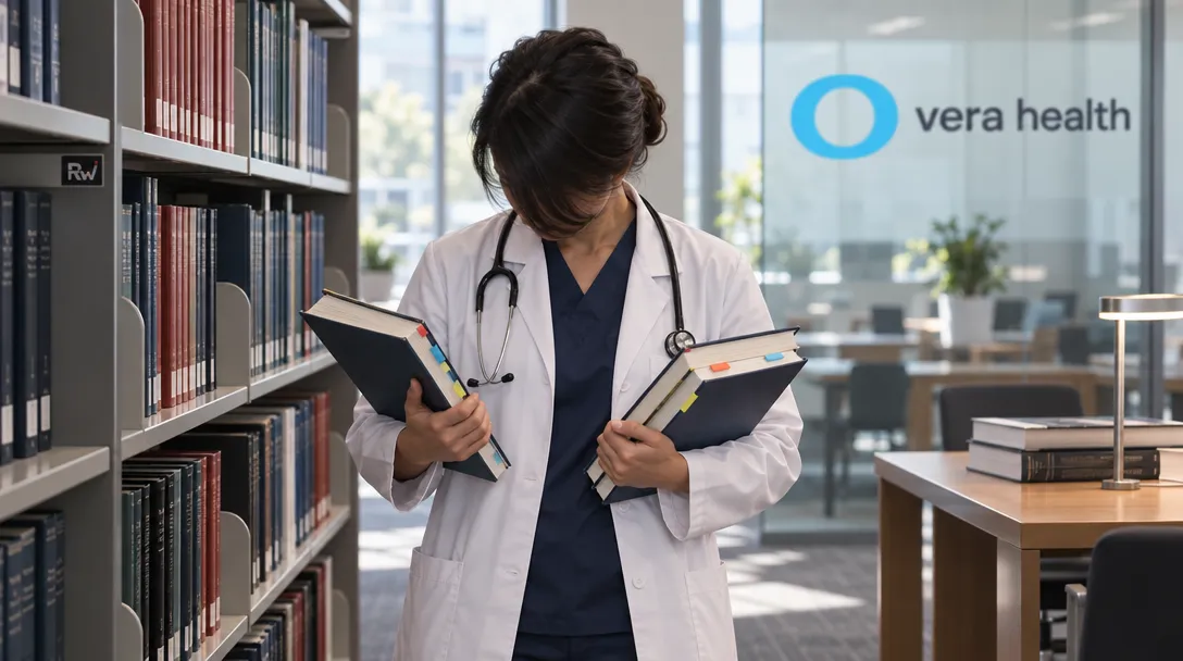 A person in a white coat and stethoscope holds books beside library shelves; “vera health” appears on the glass.