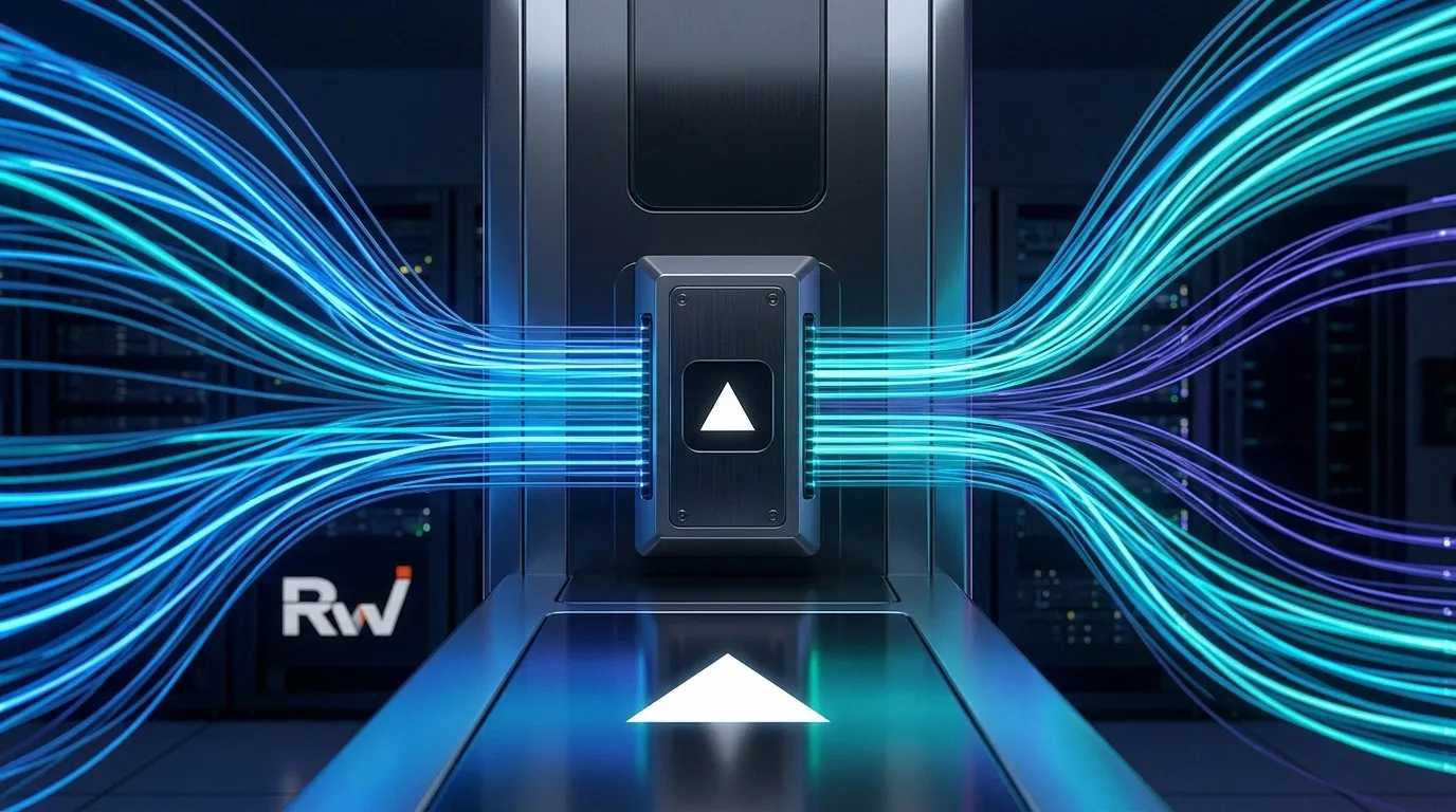 A close-up of a server rack shows dominant blue data streams flowing over smaller purple streams, representing the growth of open-weight models.