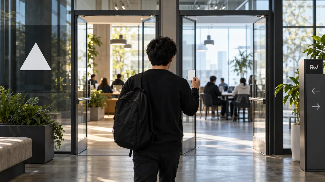 A developer holds one access card between two open glass doorways beside a Vercel logo.