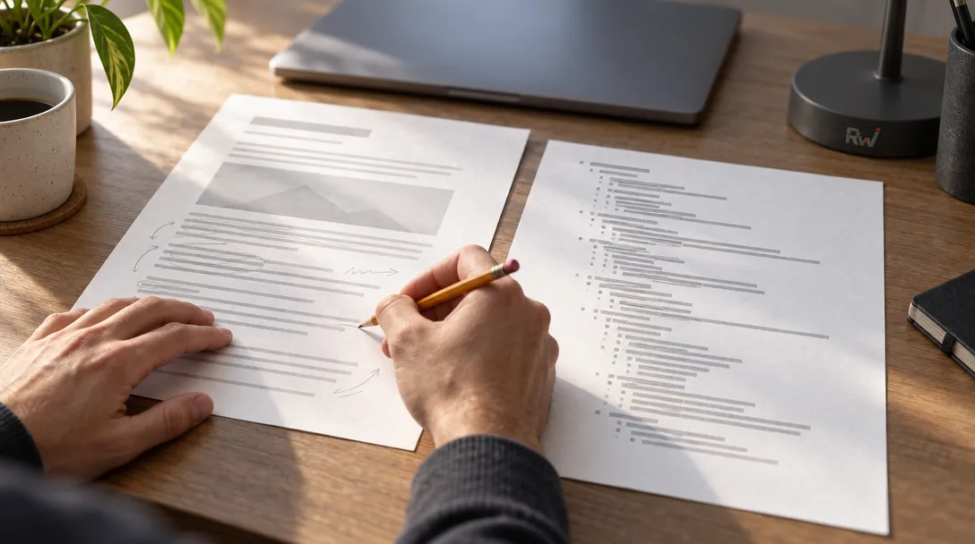 A developer revises a spacious README page beside a denser sheet of coding-agent instructions.