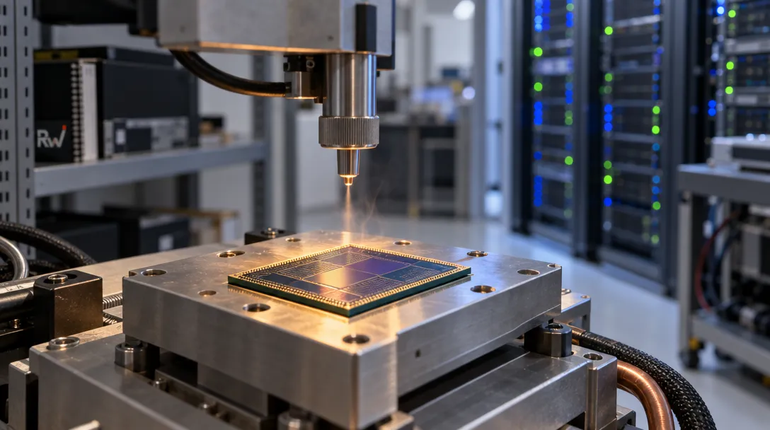 An unbranded silicon chip sits on a thermal test stage in an engineering lab, with server racks softly visible behind it.