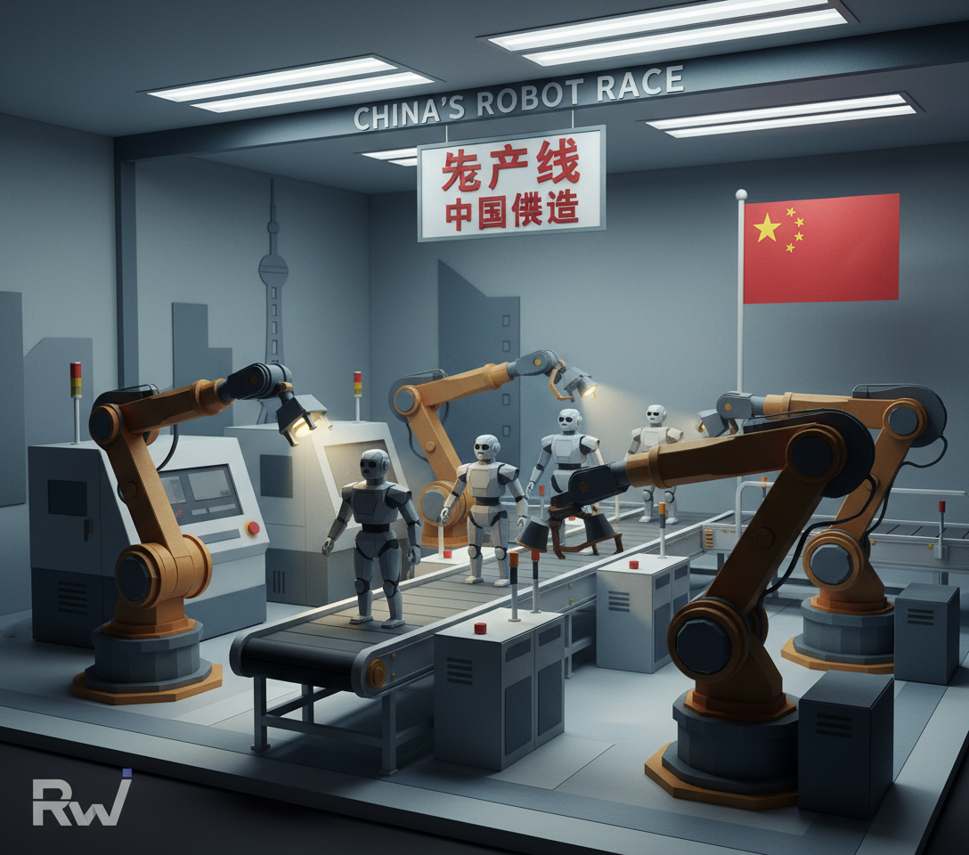Miniature humanoid robots on a production line (Paper-craft diorama)