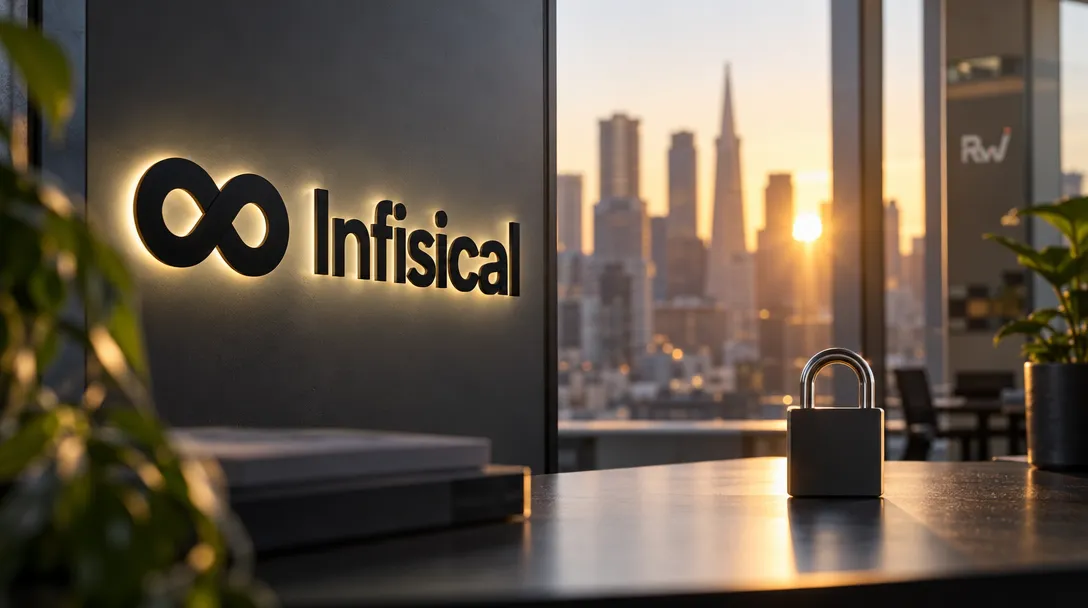 A black padlock sits on a counter beside an illuminated Infisical logo, with plants and a city skyline at sunset.