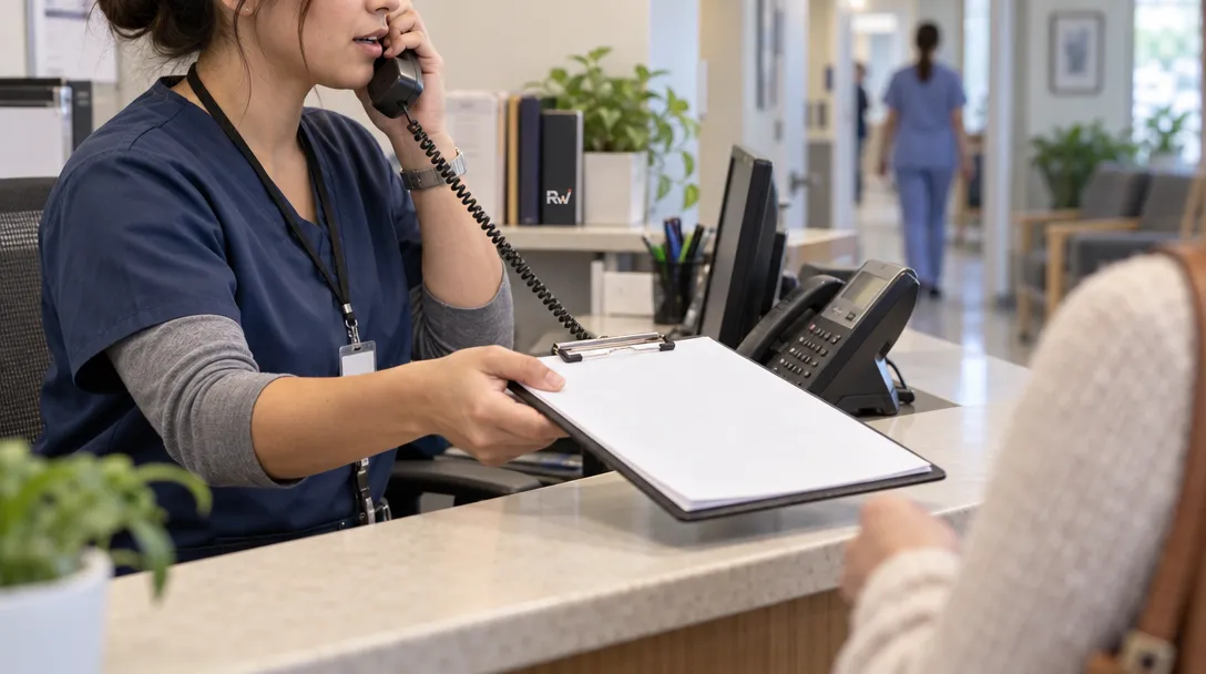 A clinic receptionist answers a phone beside a patient check-in clipboard at a healthcare front desk.