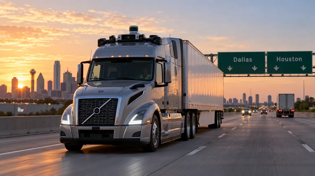 Volvo and Waabi put a supervised autonomous truck into Warp's Texas freight network — The Dallas-Houston operation carries customer freight to third-party facilities, with an observer still in the driver's seat.
