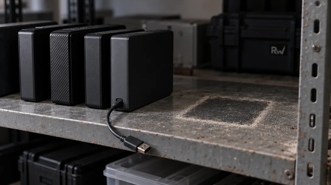 Unmarked archive drives sit beside an empty shelf space, representing vx-underground’s malware source-code collection after its GitHub ban.