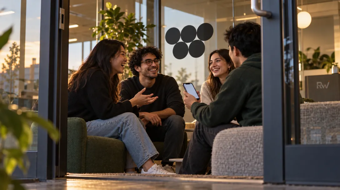 Four people sit and chat in a glass-walled lounge; one holds a smartphone, with a black circle design and “RW” visible behind them.