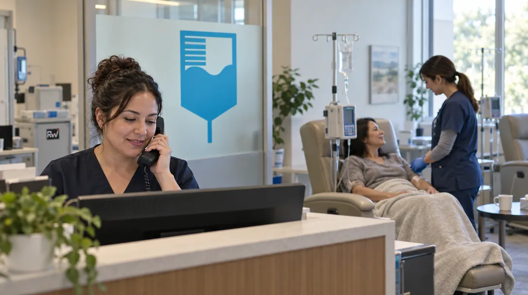 A clinic coordinator takes a phone call beside a patient receiving an infusion beneath a WeInfuse sign.