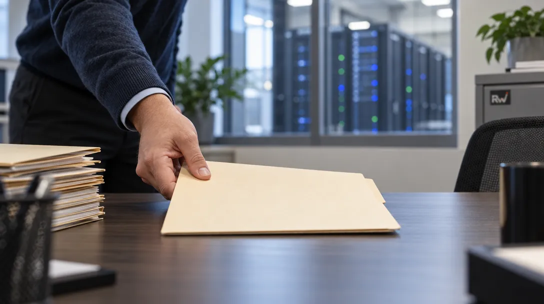 An anonymous buyer moves a plain procurement folder forward at a desk, with server racks visible through an interior window.