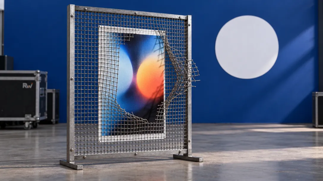 A torn metal safety mesh reveals an abstract image sheet beside a White Circle wall sign.