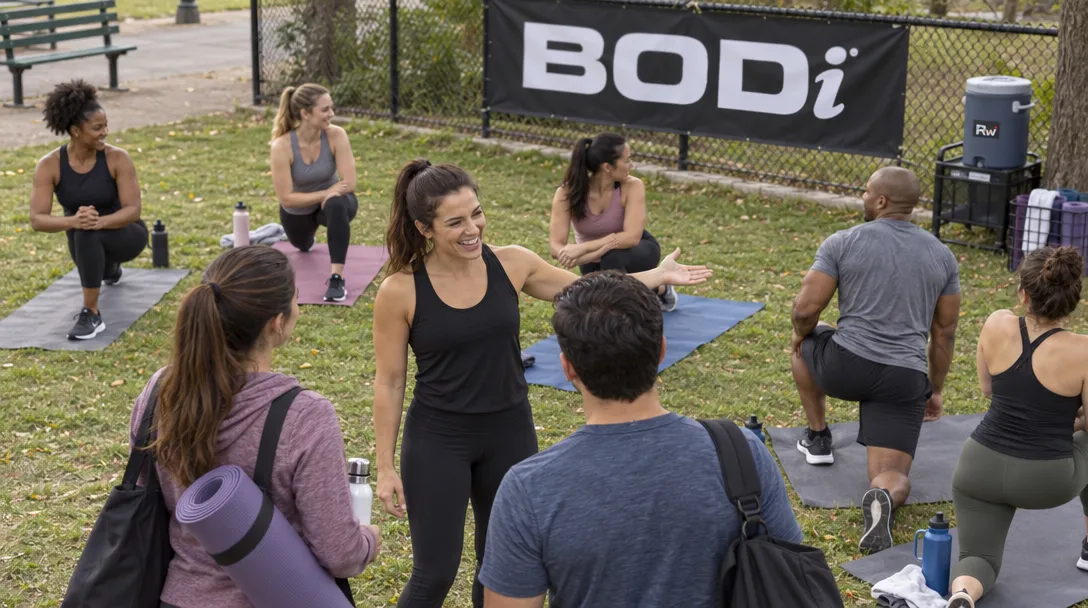A woman welcomes participants at a community workout beneath a BODi banner, evoking Katie Zacharia’s past Beachbody affiliate marketing.