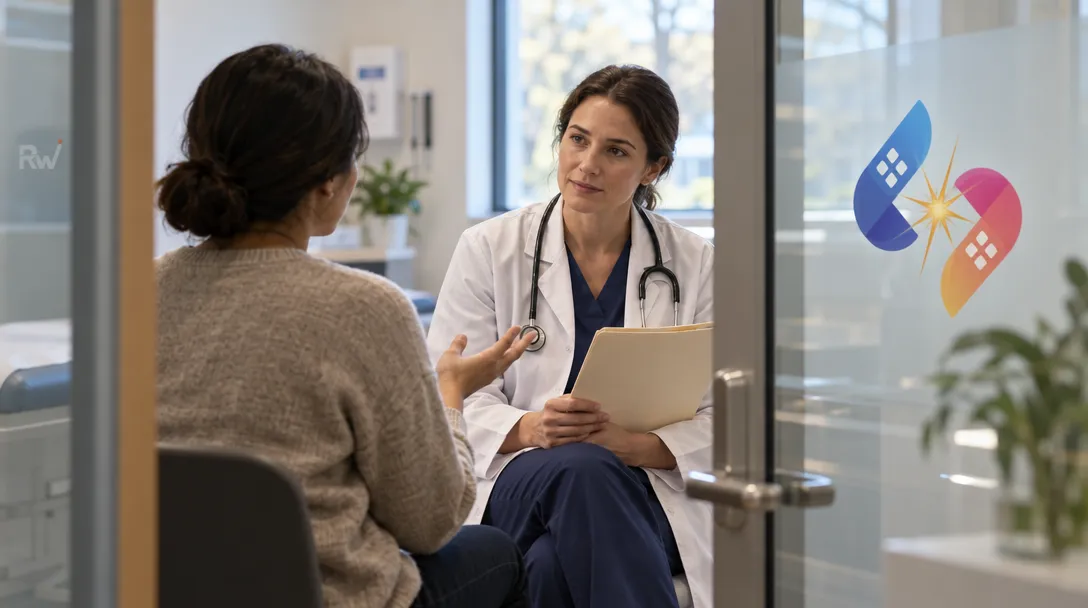 A patient speaks with a clinician beside a closed medical-record folder, with a wisepatientAI decal on the glass partition.
