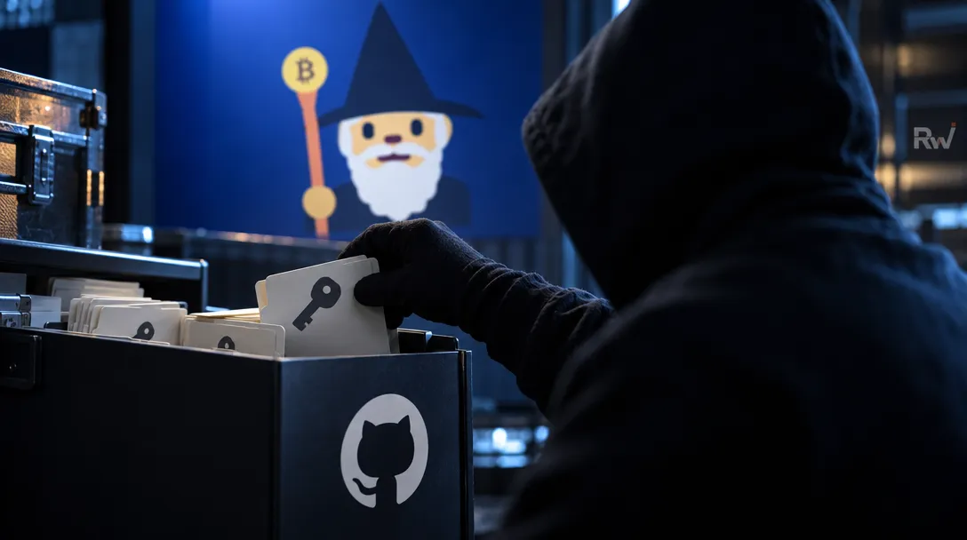 A hooded person pulls a key-marked card from a box bearing the GitHub logo, with a Bitcoin wizard graphic behind them.
