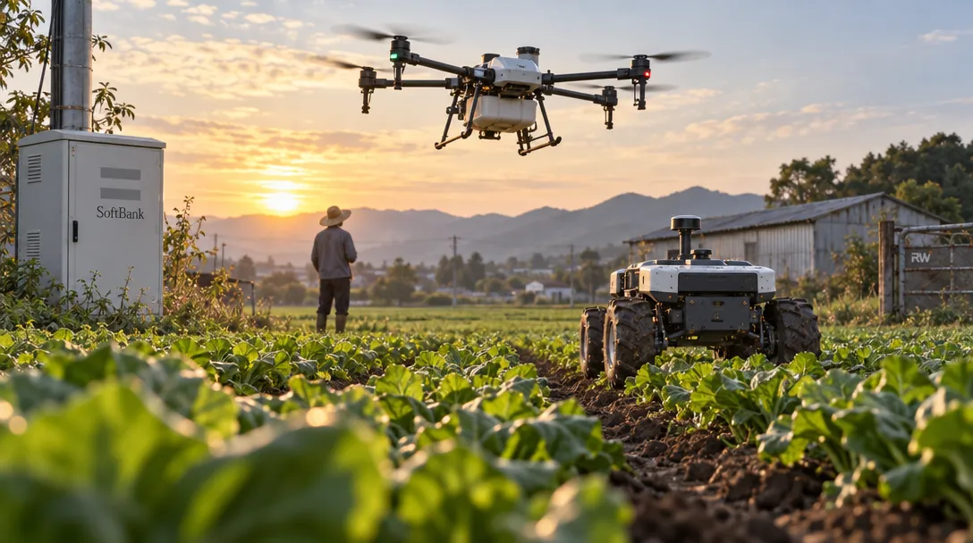 A drone flies over crop rows beside a wheeled field robot, while a person stands nearby and a cabinet reads “SoftBank.