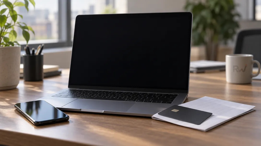 A bank card and folded financial statement sit beside a smartphone and an open laptop with a dark screen.