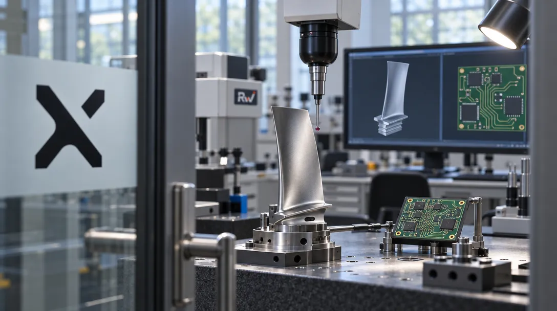A measuring probe hovers over a metal blade part beside a circuit board, with a 3D model and circuit layout on a monitor.