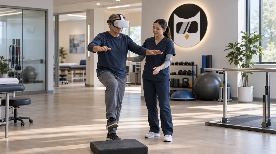 A therapist supervises a patient practicing balance in a virtual-reality headset beneath an XRHealth sign.