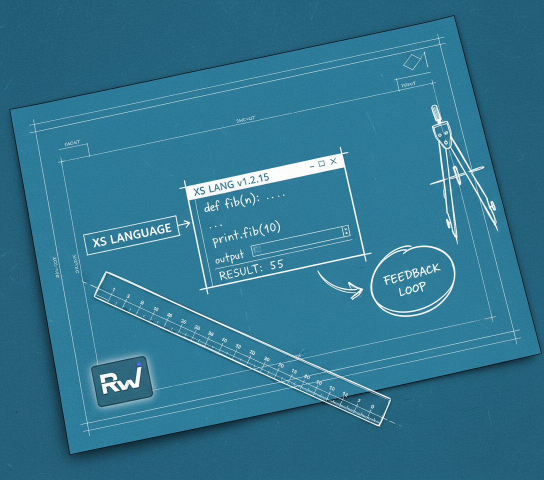 XS programming language playground blueprint (Architectural drafting blueprint (white linework on cyanotype blue paper with hand-drawn annotations))