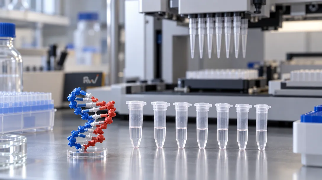 A generic biotech lab bench shows a double-stranded RNA model, six sample tubes and automated pipetting equipment, illustrating XtalPi’s RNAi programs.