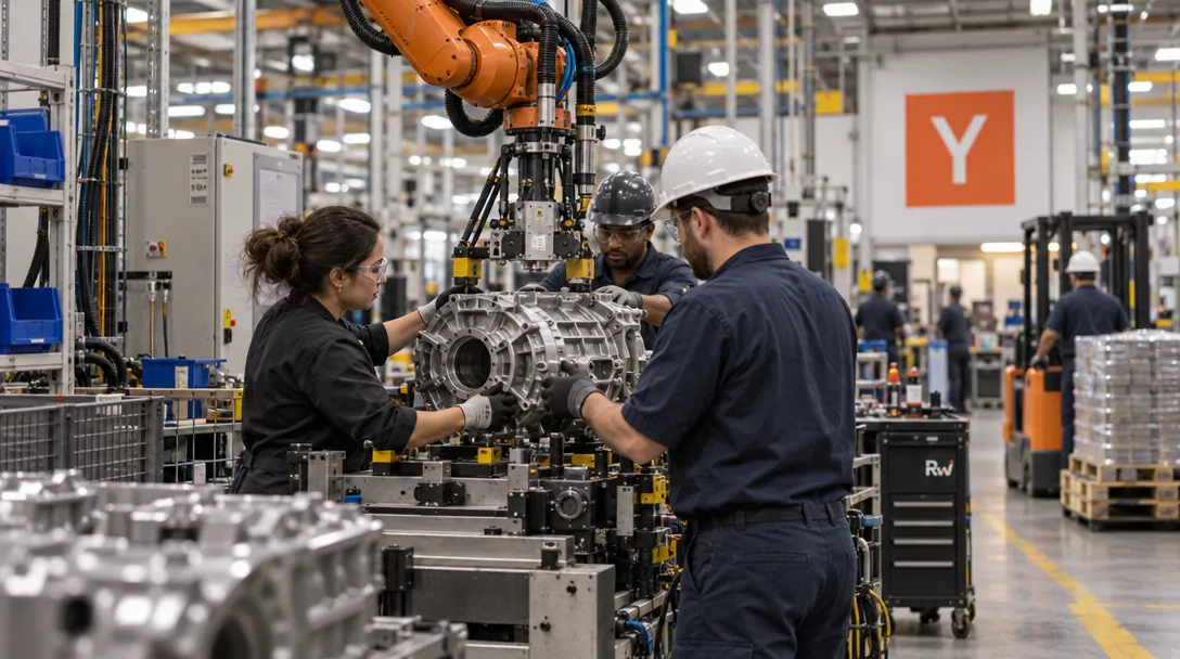 Three factory workers handle a metal housing beneath an orange robotic arm; signs marked “Y” and “Rw” are visible.