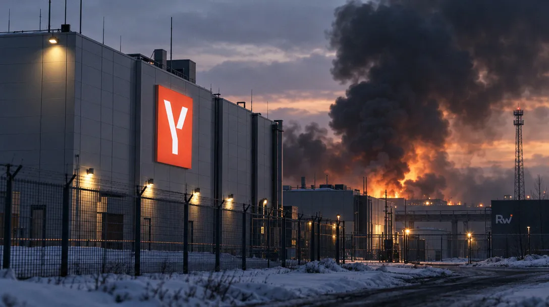 A utility vehicle passes a Yandex-branded data-center campus with several darkened buildings and a power substation.