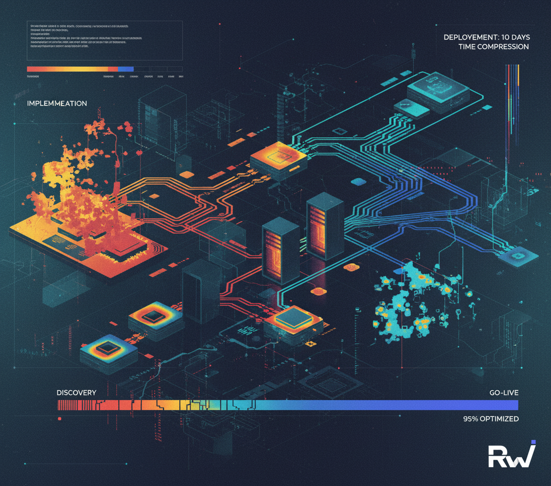 An AI-optimized enterprise software deployment workflow (Infrared / thermal render with scientific instrument readout overlays)