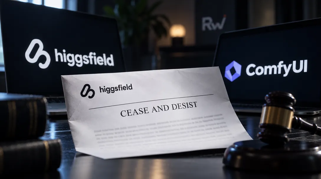 A “CEASE AND DESIST” paper bearing the Higgsfield logo sits between laptops displaying Higgsfield and ComfyUI, with gavels nearby.