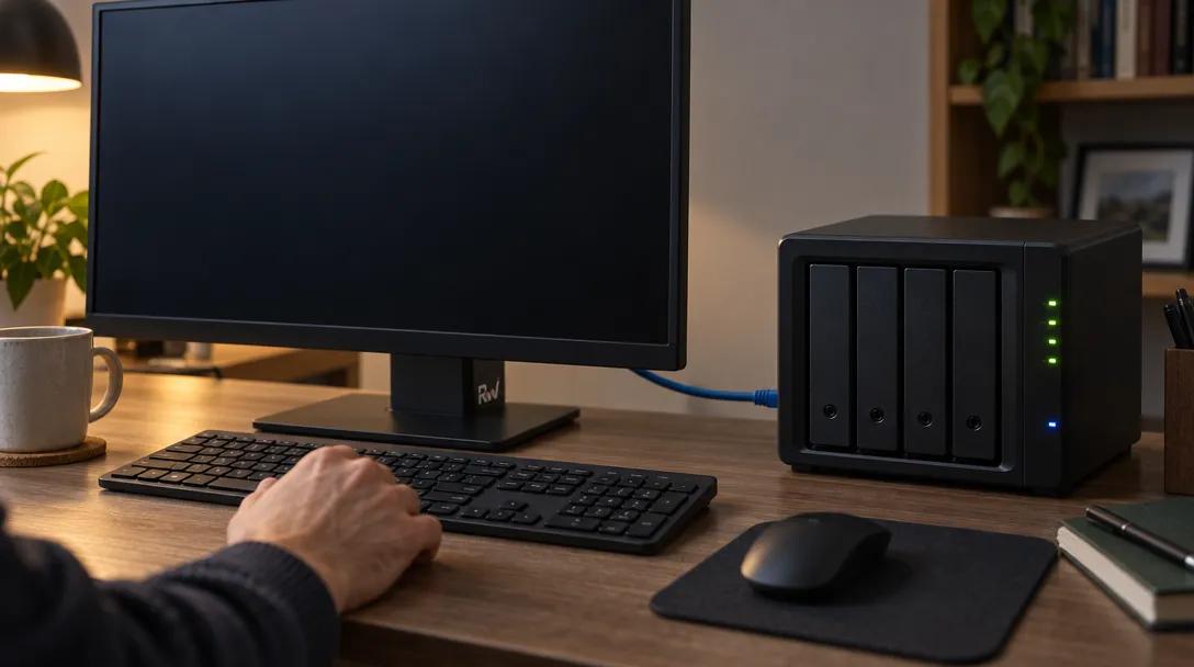 A dark desktop computer sits beside a connected multi-bay NAS with its status lights on, while an anonymous hand rests tensely near the keyboard.