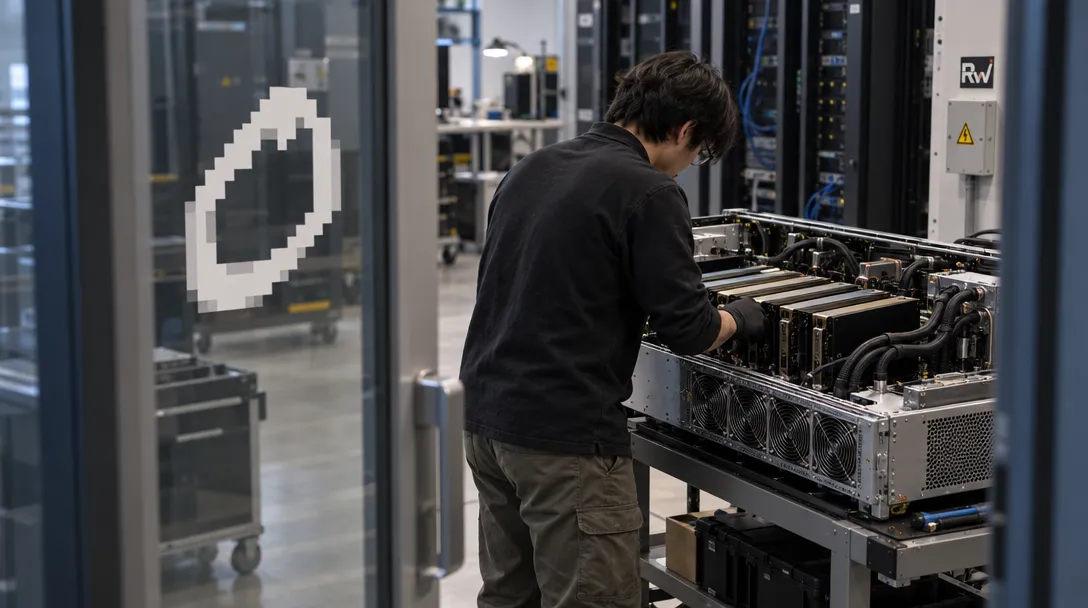 A technician inspects GPU hardware in a compute lab beside an Overshoot logo on a glass doorway.