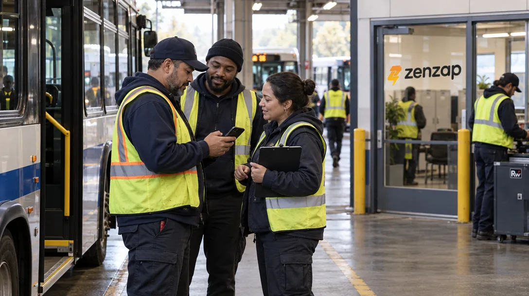 Transit workers coordinate a shift at a busy bus depot, with one checking a phone beneath a Zenzap sign.