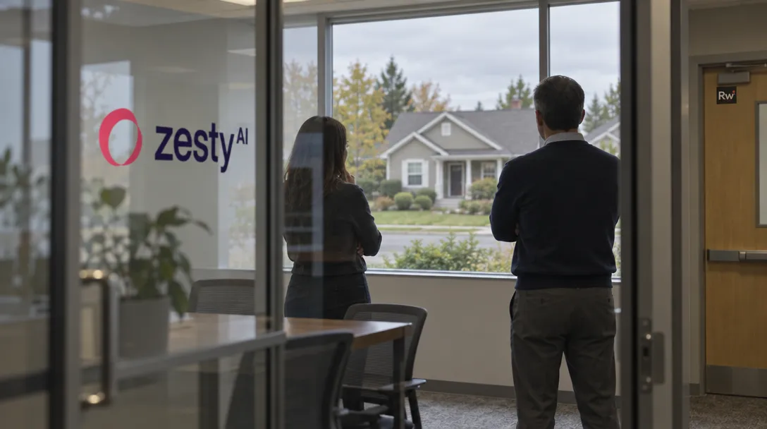 A suburban home is framed through an insurance review room window, with two reviewers inside and a ZestyAI decal on the glass.