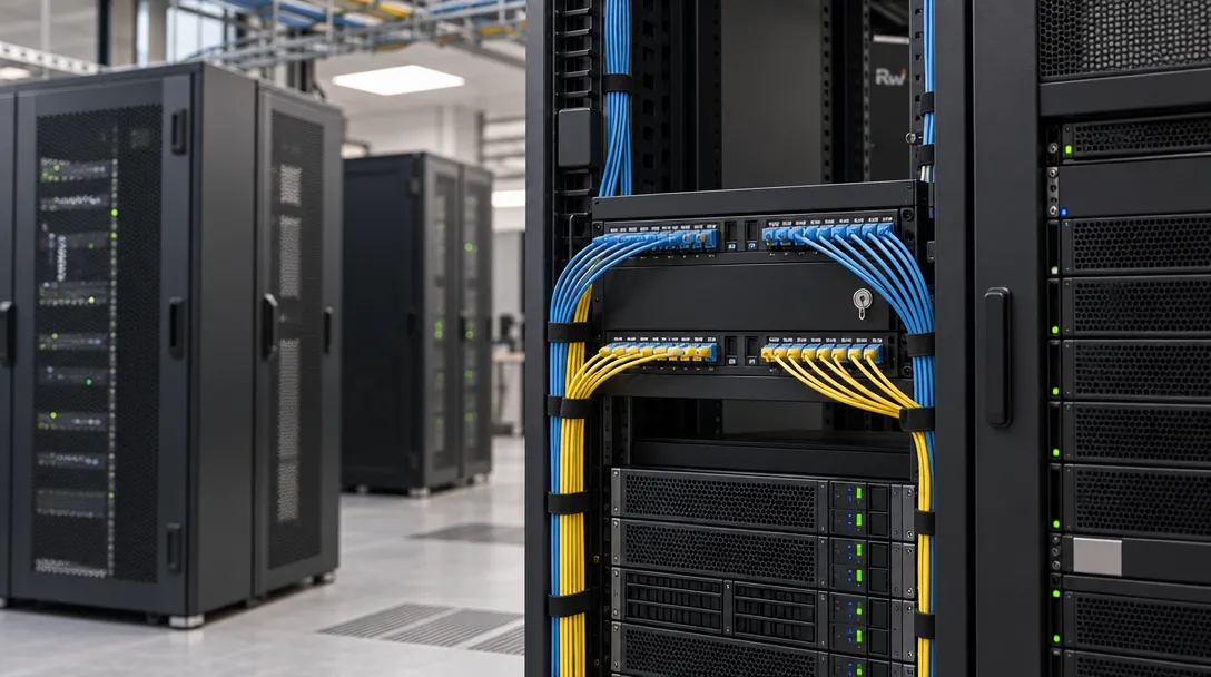 Unbranded enterprise data systems remain in separate cabinets, linked through a secured patch panel to illustrate Zetaris’s in-place data access harness.