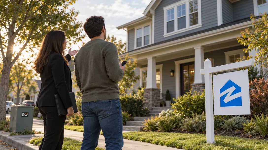 A prospective homebuyer and real-estate agent stand beside a Zillow sign outside a house, with the buyer holding a phone.