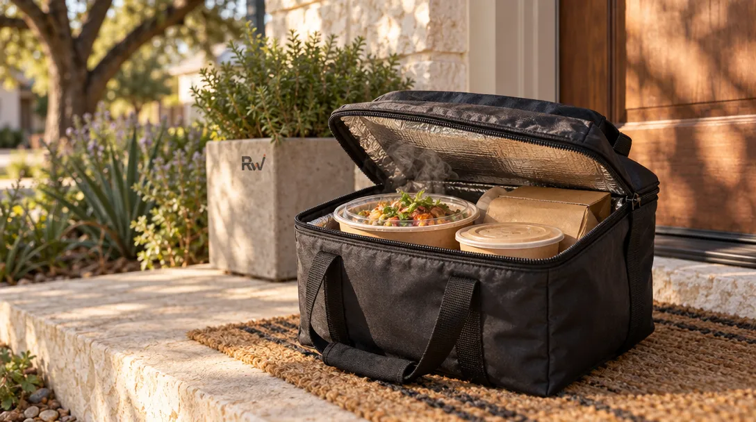 A takeout meal in an insulated delivery bag rests on a limestone porch among native plants.