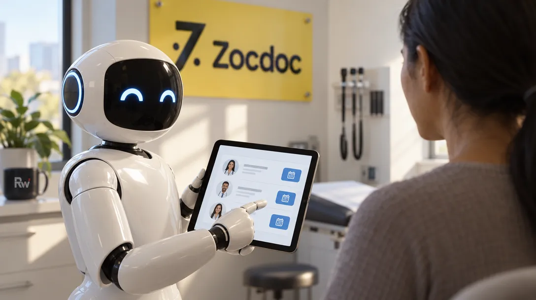 A white robot points at a tablet beside a woman, with a yellow Zocdoc sign on the wall.