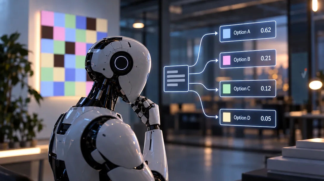 AI-generated illustration of a humanoid robot beside a branching display listing four options with decimal scores in a modern office.