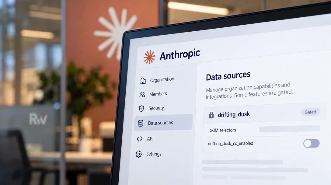 AI-generated illustration of a monitor showing a Data sources admin panel with a gated section, DKIM selectors, and a gray CC setting toggle; a blurred office is in the background.