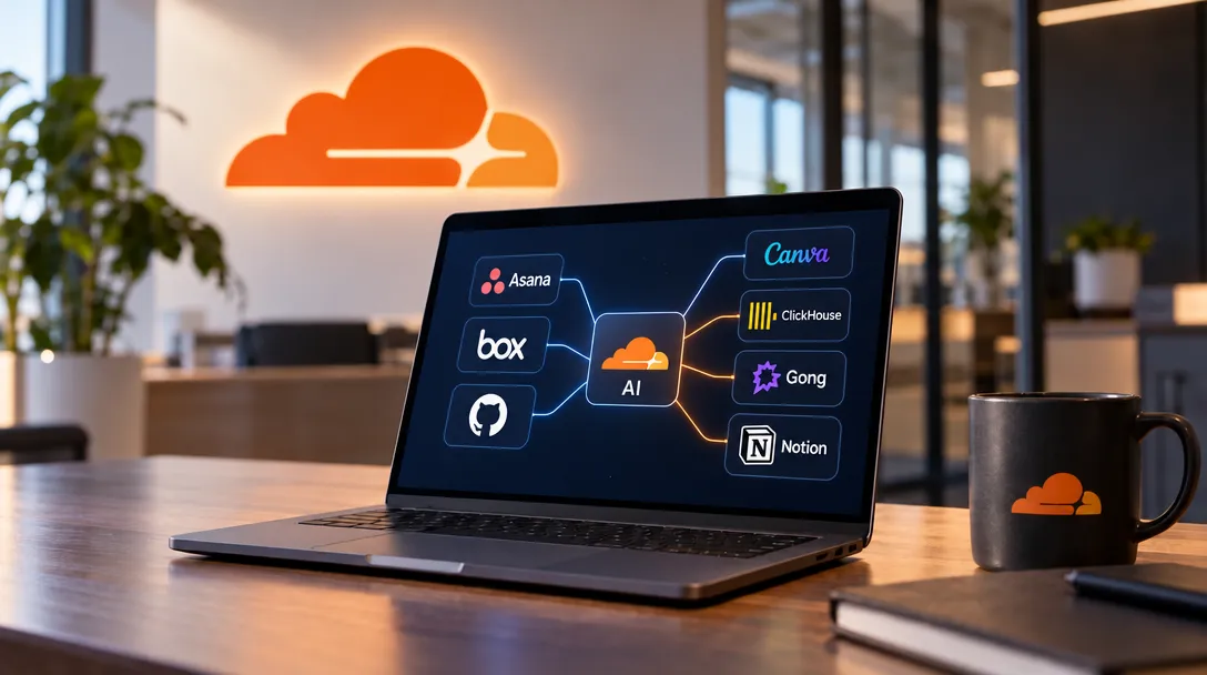 AI-generated illustration of a laptop displaying labeled app icons connected to a cloud marked “AI,” beside a mug with a cloud symbol on a desk.