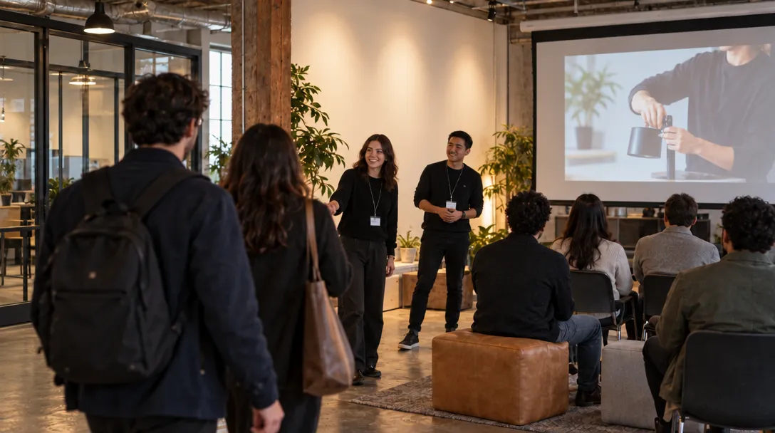 AI-generated illustration of two people speaking to a seated audience in a bright room, with a projected video showing someone pouring a drink.