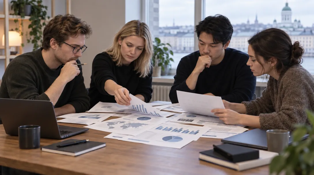 AI-generated illustration of four people seated around a table, reviewing printed charts and papers beside open laptops, with a city visible through the windows.