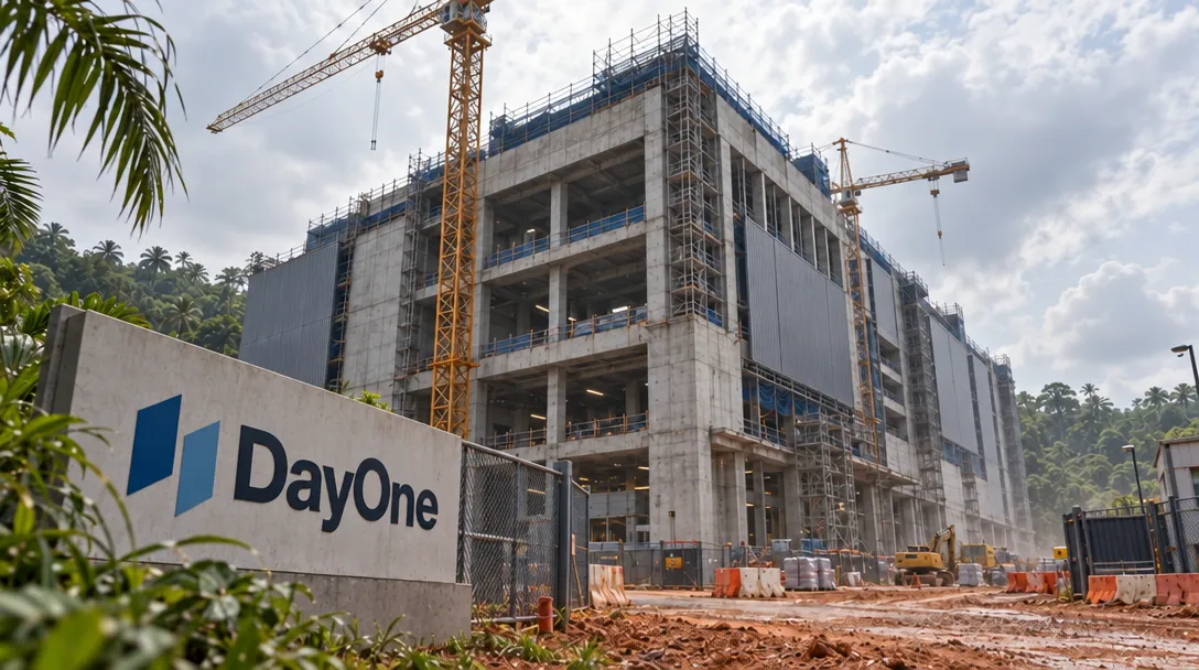 AI-generated illustration of an unfinished concrete building with scaffolding and tower cranes, behind a construction fence and a large sign reading “DayOne.”