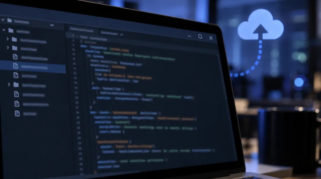 AI-generated illustration of a laptop displaying code beside a cloud with an upward arrow and a dotted line connecting them.