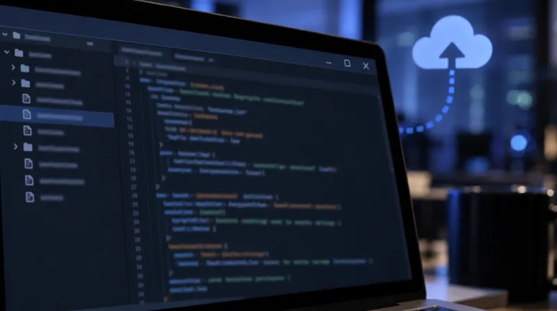AI-generated illustration of a laptop displaying code beside a cloud with an upward arrow and a dotted line connecting them.